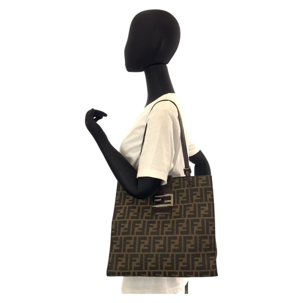 FENDI Zucca Brown Silver Hardware Canvas Leather Tote Bag Shoulder Women's - Picture 9 of 10